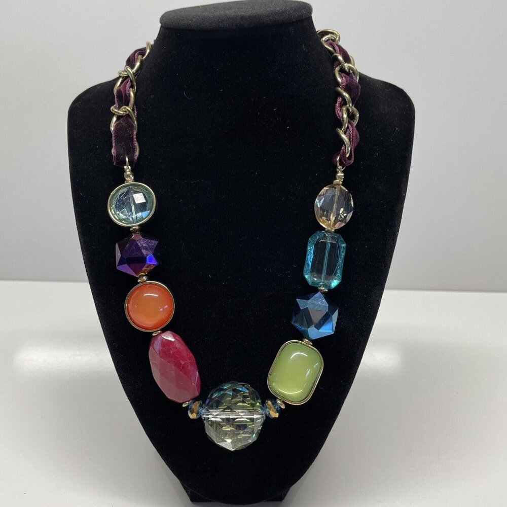 Beaded Multicolored Necklace Gold Tone Mixed Materials Rainbow Statement Chain - Picture 3 of 16